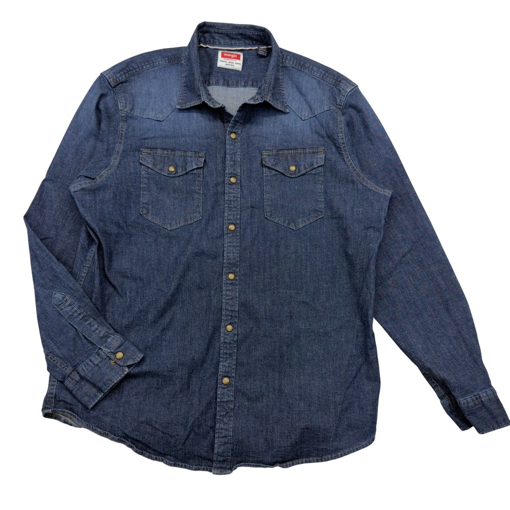 Wrangler Denim Western Shirt Mens XL Blue Long Sleeve Pearl Snap Cowoy Rodeo